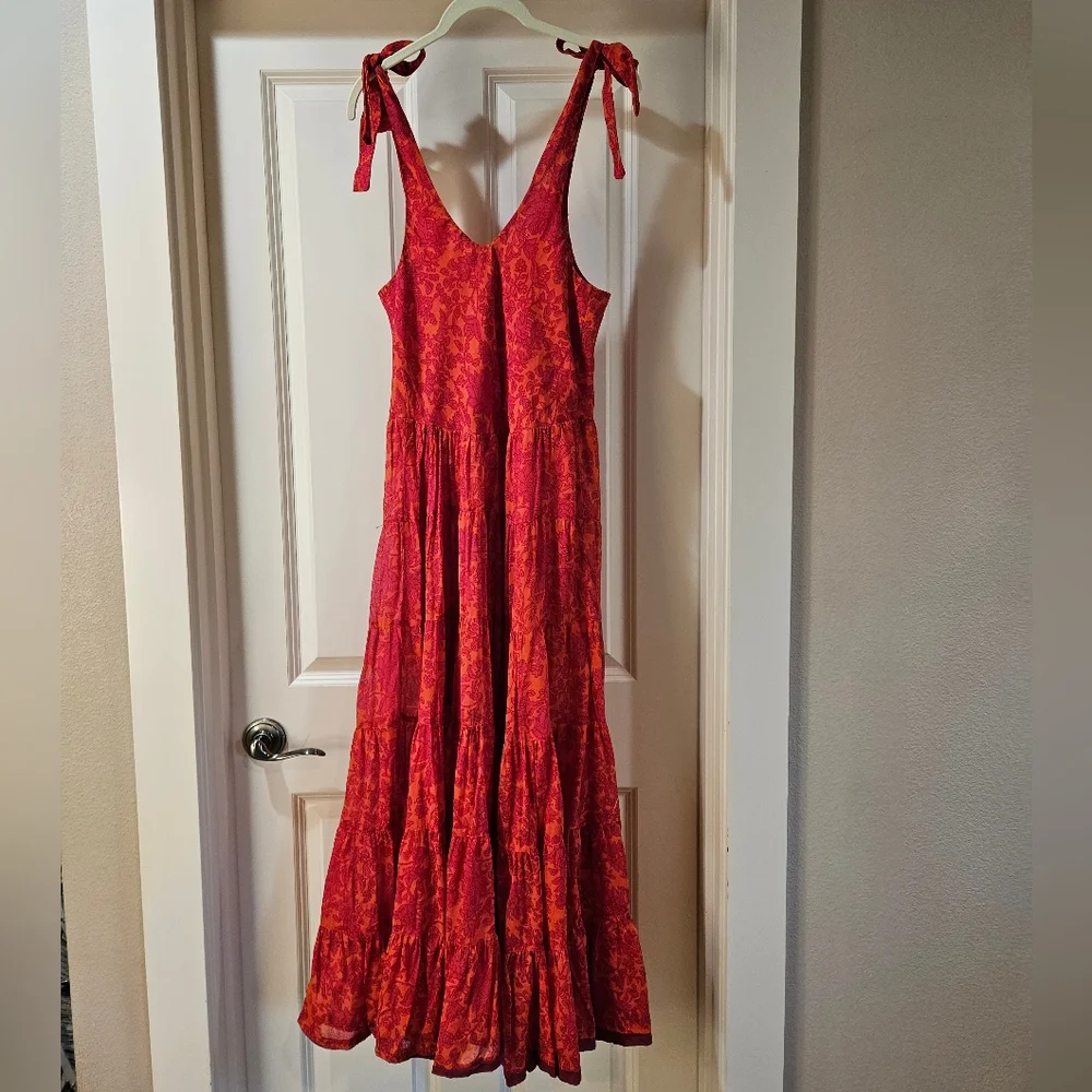 Free People Kikas Printed Midi Dress Cotton Ruffle Tiers Floral Sm Tangerine EUC - Picture 4 of 15